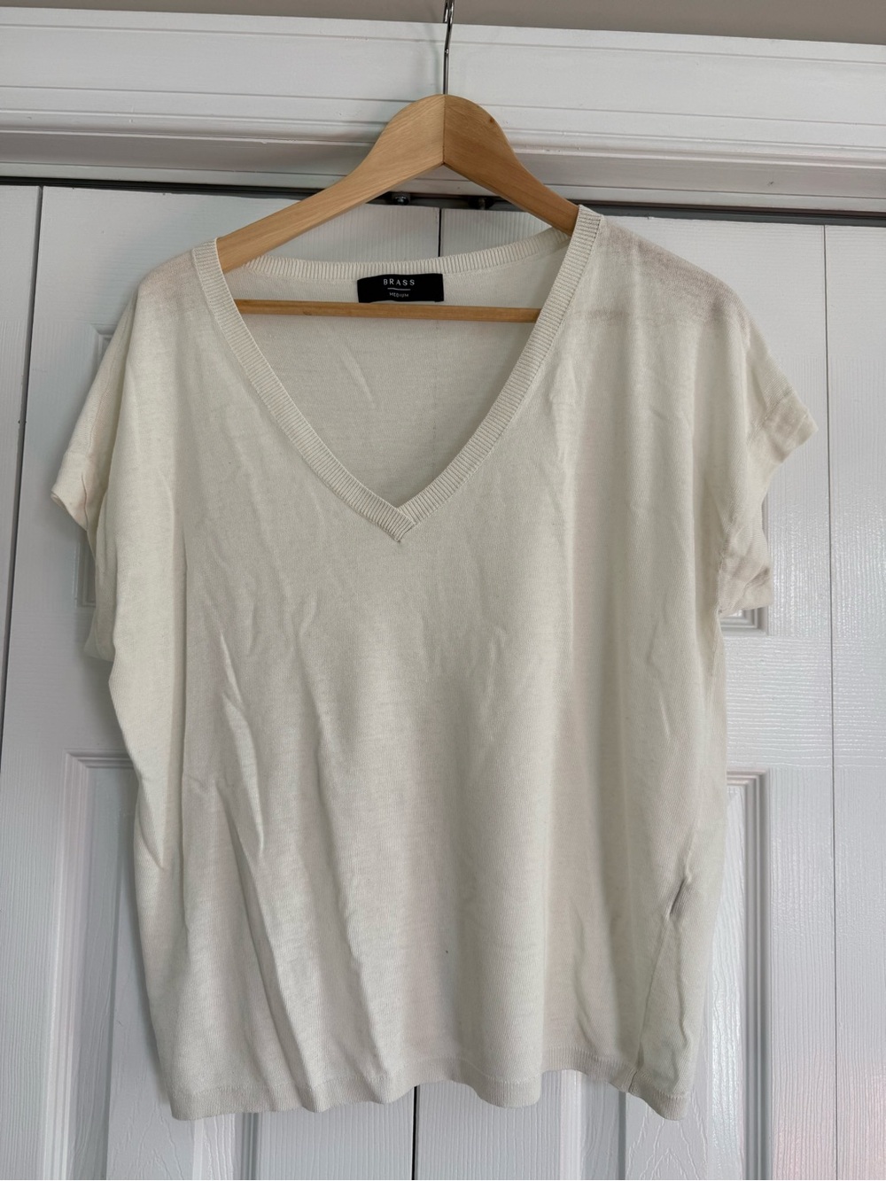 Brass Clothing Drift Knit Tee Relaxed V-Neck Short Sleeve Top in White